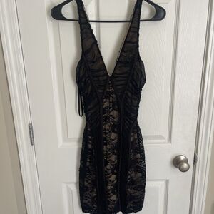 Bebe Black Lace Overlay Nude Bodycon Mini Dress Ruched Y2K Size S